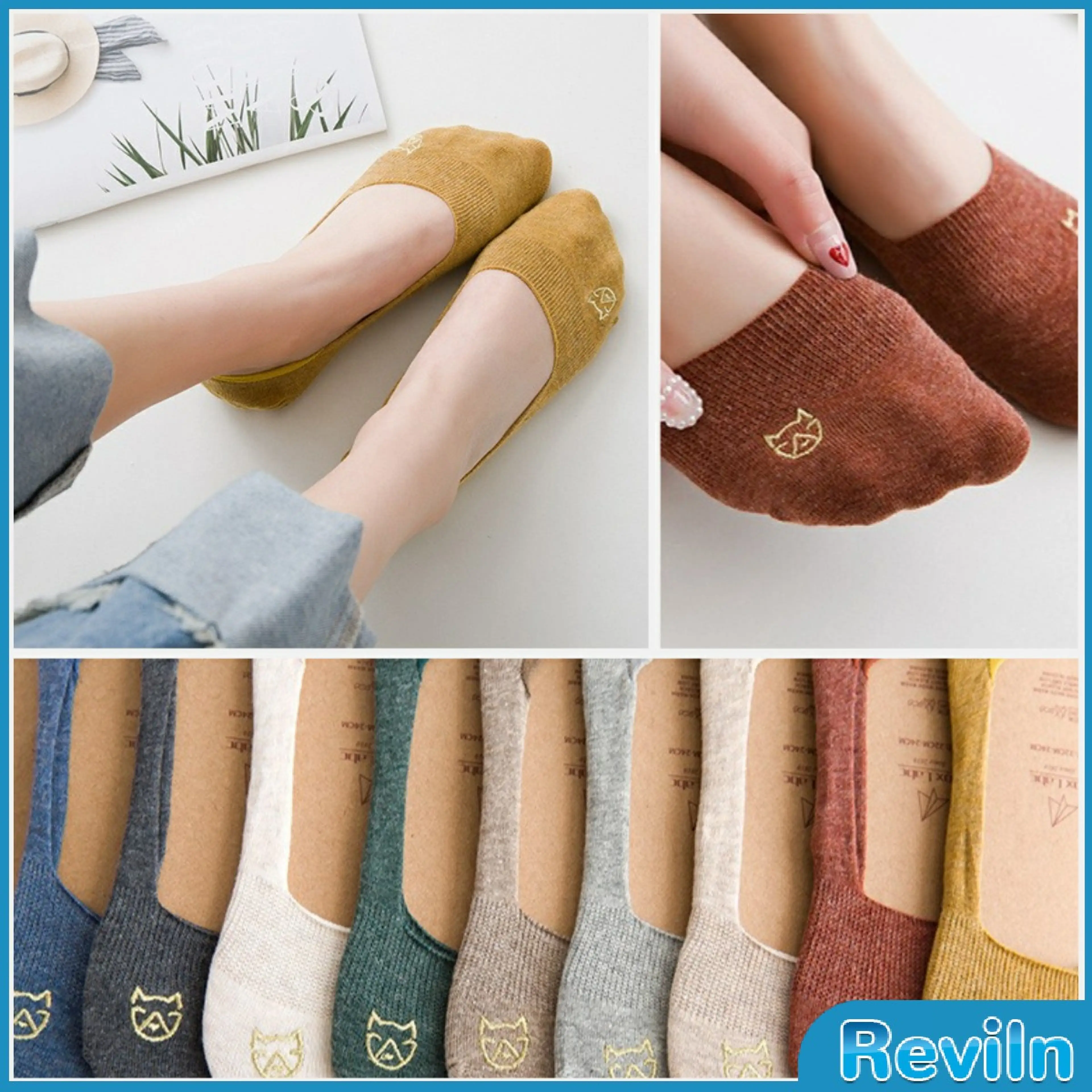 Reviln ถุงเท้าแบบสั้น ถุงเท้าข้อสั้น ผ้านุ่มใส่สบาย ถุงเท้าลายแมวน่ารัก women's socks - รูปที่ 1
