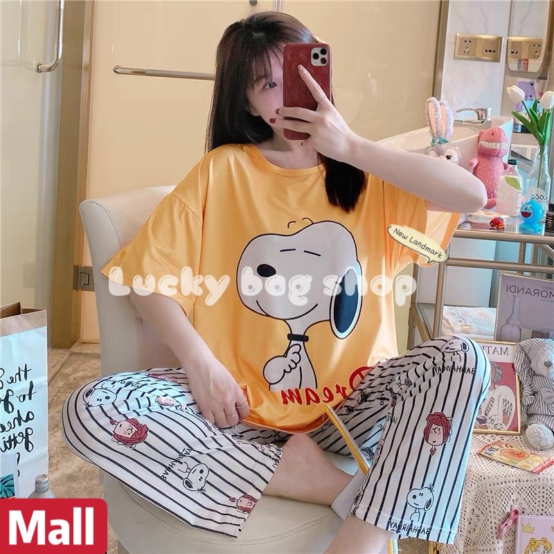 พร้อมส่ง-ชุดนอนผ้านิ่ม ลายกระตูน เสื้อเเขนสั้น+ขายาว ฟรีไซส์