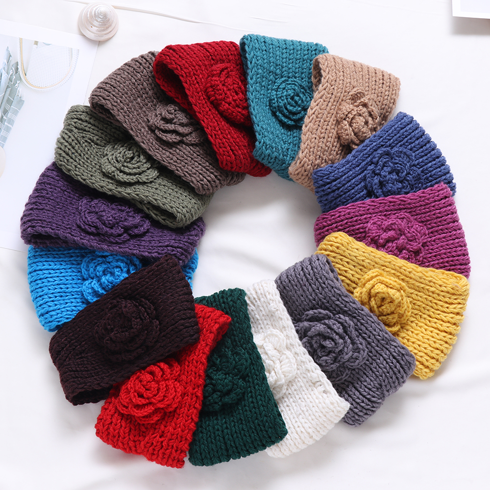 F8C503Y Winter Flowers Warm Camellia Hair Accessories Head Wrap Knit Hair Band Ear Warmer Headbands Wide Hairband