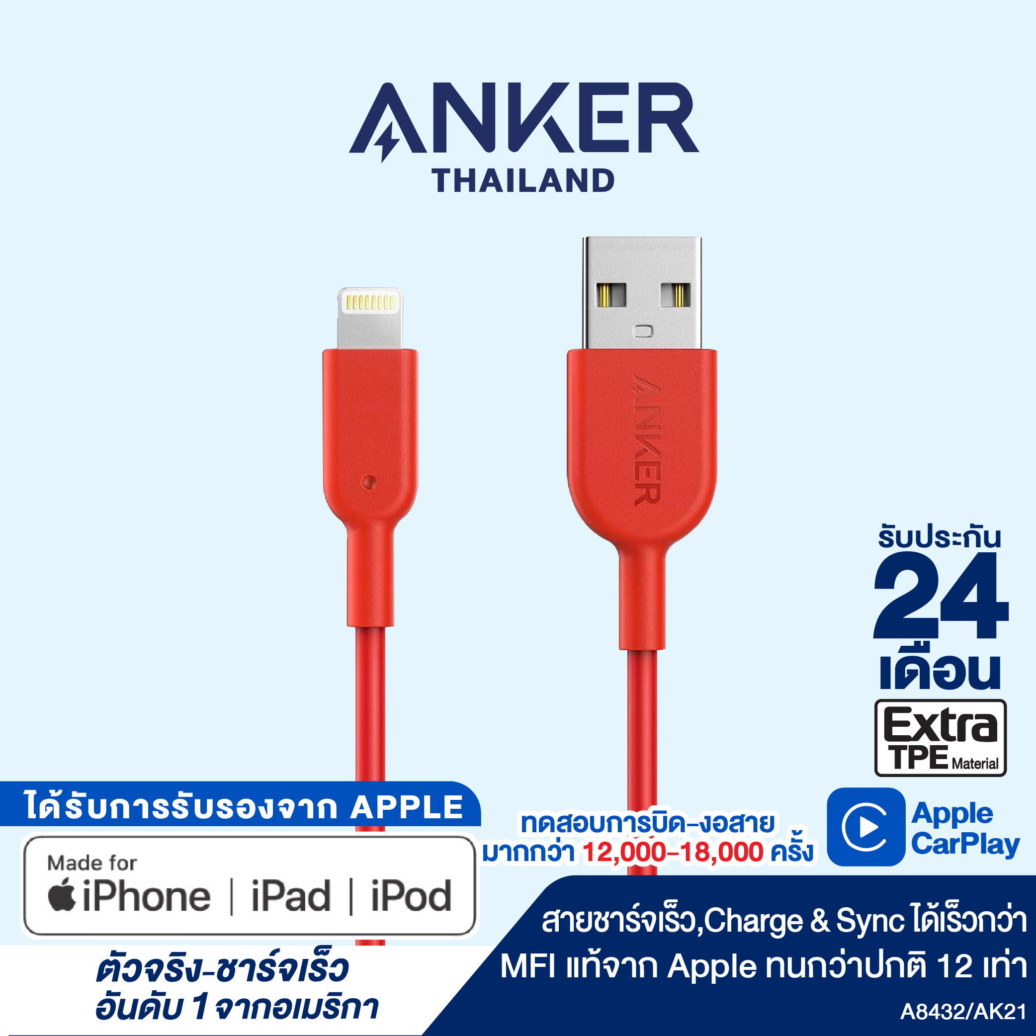 สายชาร์จ Anker Powerline II with lightning connector 90cm (3ft) สายชาร์จไอโฟน สายแท้ ชาร์จเร็ว ได้รับมาตรฐาน MFi จาก Apple สายหุ้มด้วยวัสดุไฟเบอร์กันกระสุน แข็งแรงทนทาน