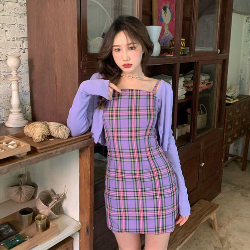 Foya ⚡พร้อมส่ง⚡เดรสสายเดี่ยวลายสก๊อต Plaid Spaghetti Strap Dress