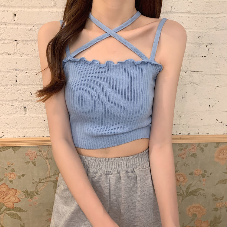 ยกทรงฤดูร้อนของผู้หญิง2021เวอร์ชั่นเกาหลีใหม่ของเชือกแขวนคอเสื้อถักบางส่วนins
