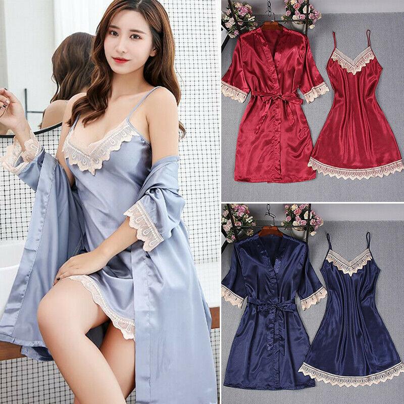 XI 2Pcs ผู้หญิงซาตินผ้าไหมชุดนอนชุดชั้นในเซ็กซี่ไนท์ Nightdress Robe ชุดนอน