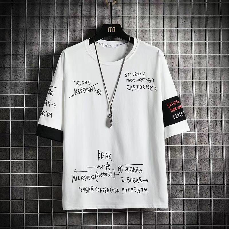 เสื้อยืดคอ กลมแขนสั้น เทรนด์เกาหลี  อร์ชั่นเกาหลีเสื้อยืดเย็บเสื้อ  เสื้อยืดoversize เสื้อยืดชาย (สีขาว ดำ)รุ่น DX6612