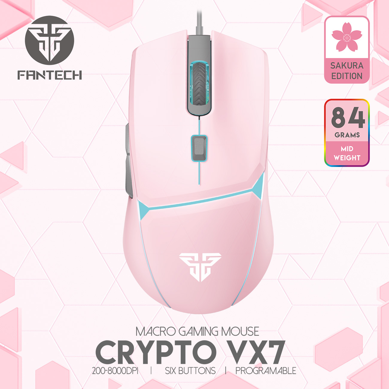 FANTECH VX7 CRYPTO Macro Key Gaming Mouse  รุ่น VX7 เมาส์เกมมิ่ง แฟนเทค ความแม่นยำปรับ DPI 200-8000 ปรับ มาโคร ได้ถึง 6 ปุ่ม  เหมาะกับเกมส์ MMORP