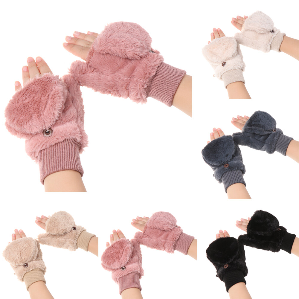 NARGANG89 Women Girls Soft Stretch Winter Plus Velvet Thicken Warm Faux Fur Gloves Plush Mittens Flip Type Gloves