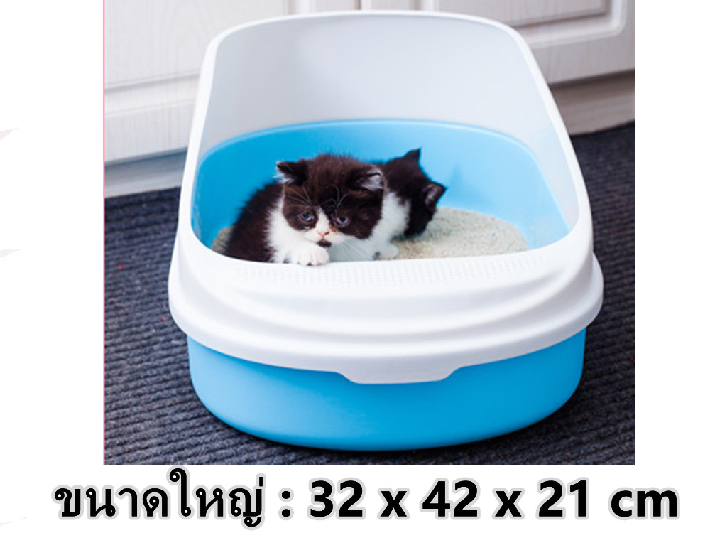 ห้องน้ำแมว​ กระบะทรายเเมว มี 2 ขนาด สีฟ้า รุ่นขอบสูงกันทรายกระเด็น Cat toilet  รุ่นขอบสูงมีตะแกรงดักทราย พร้อมที่ตักทราย