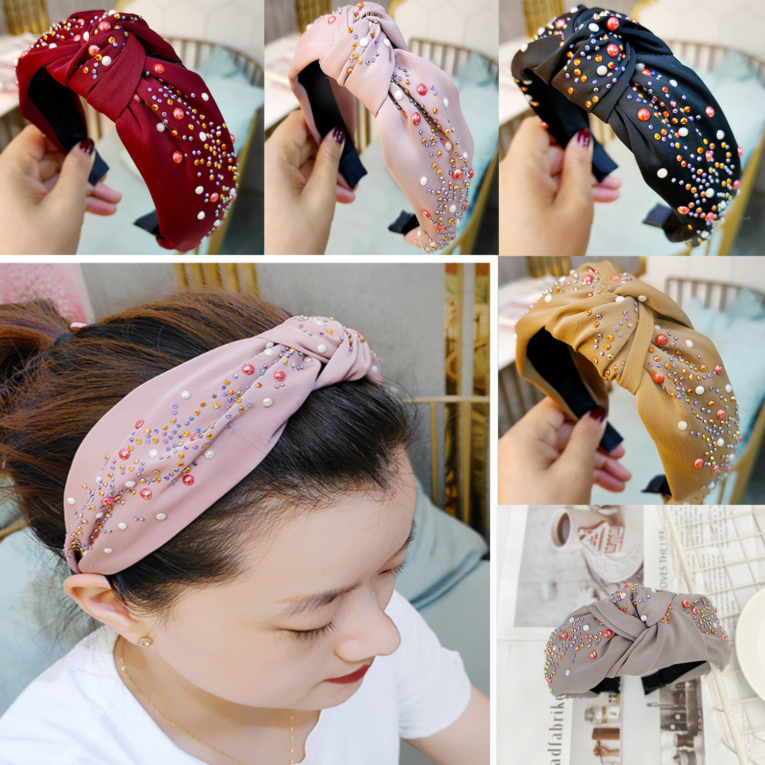 F8C503Y Women Comfortable Luxury Jeweled Fashion Vintage Broad-edged Diamond Knotted Headband Embellished Top Rhinestone Broad Edge Headband Comfy Soft Fabric Top Knot