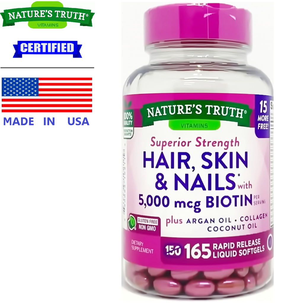 เนเจอร์ ทรูทร์ วิตามินรวม 165 ซอฟเจล เส้นผม ผิวหนัง เล็บ + ไบโอติน Nature's  Truth Hair Skin Nails + Biotin / กินร่วมกับ แอสต้าแซนทีน คอลลาเจน  กลูต้าไธโอน เลซิติน พิคโนจีนอล ขมิ้นชัน วิตามินซี 