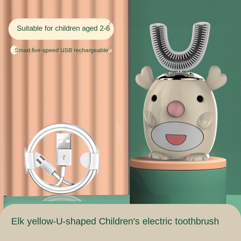 แปรงสีฟันไฟฟ้าสำหรับเด็กกันน้ำและอัตโนมัติรูปตัวยูเด็กขนนุ่มโซนิคปากขี้เกียจแปรงฟัน