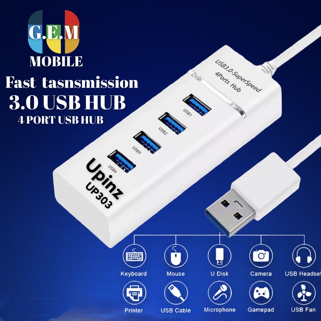 Upinz รุ่น UP303 USB HUB 3.0 High Speed 4 Port ชาร์จและโอนถ่ายข้อมูลได้รวดเร็วทันใจ ของแท้ รับประกัน1ปี BY GEMMOBILE