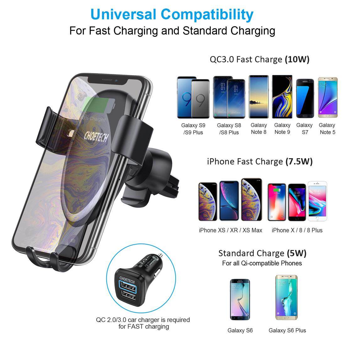 CHOETECH Wireless Car Charger Fast Gravity Wireless Car Charger Holder 7.5W Compatible with iPhone XR//XS//XS Max//X//8//8 Plus,10W for Galaxy Note 9//S9//S9+,S8//S8+//Note 8 5W for Huawei Mate 20 pro