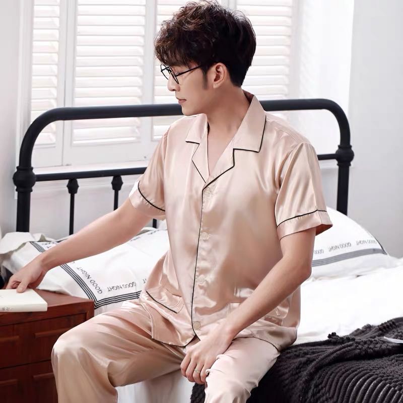 XY-FASHIONชุดนอนชายชายสี่ล้วนmenผ้าซาติน【เสื้อแขนสั้น+กางเกงขายาว】