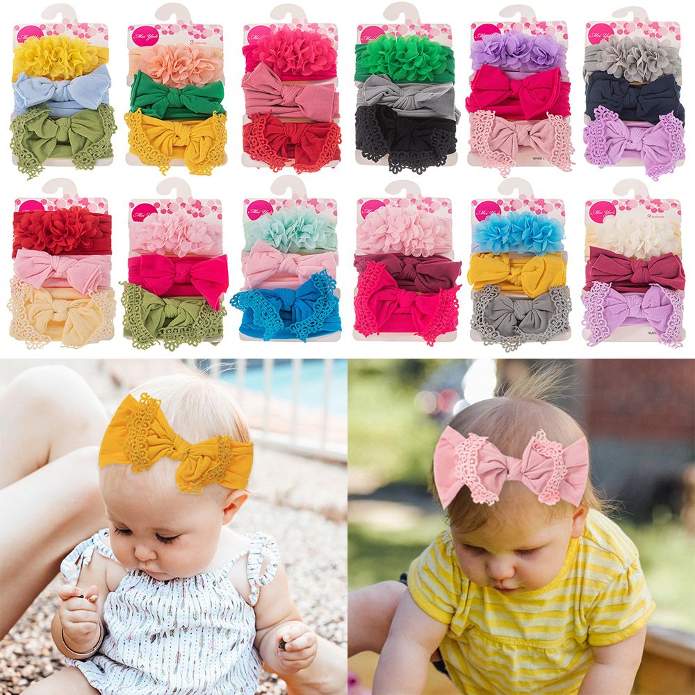 HIYRCH STORE 3Pcs/Set Solid Color Soft Nylon Flower Turban Bows Hair band Headwear Hair Accessories Headbands