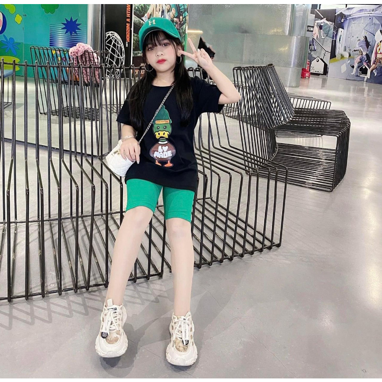 Set Áo Phông dáng thụng hình Vịt và Quần Legging đùi vải Zip tăm co dãn  4 chiều, DUCK KIDS, Bộ quần áo thun cotton mùa hè cho bé gái size Nhí từ 7 đến 18 kg, Size Đại từ 18 đến 33 kg, Đồ bộ bé gái, quần áo trẻ em gái