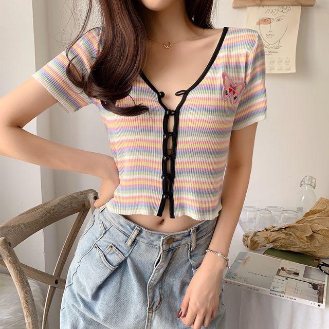 ✗☇❐  Bentoy*พร้อมส่ง*เสื้อครอปแขนสั้นลายรุ้งซิปรุดหน้าสุดฮิตNO.0755/0755-1