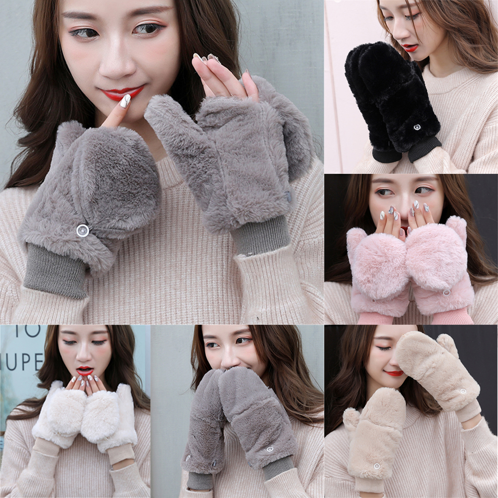 NARGANG89 Women Girls Soft Stretch Winter Plus Velvet Thicken Warm Faux Fur Gloves Plush Mittens Flip Type Gloves