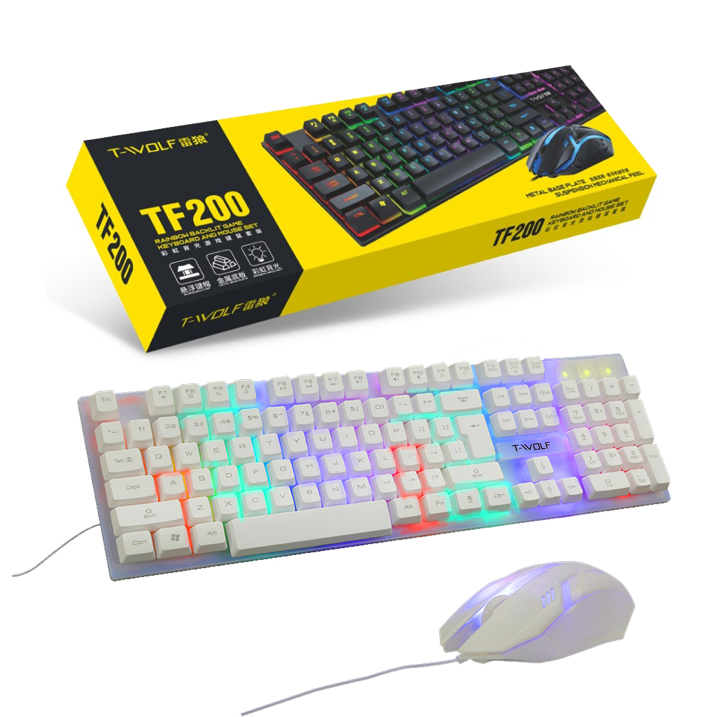 TF-200 คีย์บอร์ดและเมาส์เกมส์มิ่ง สายUSB ไฟ RGB กันน้ำ 7-colorful Gaming Keyboard and Mouse Set Rainbow light