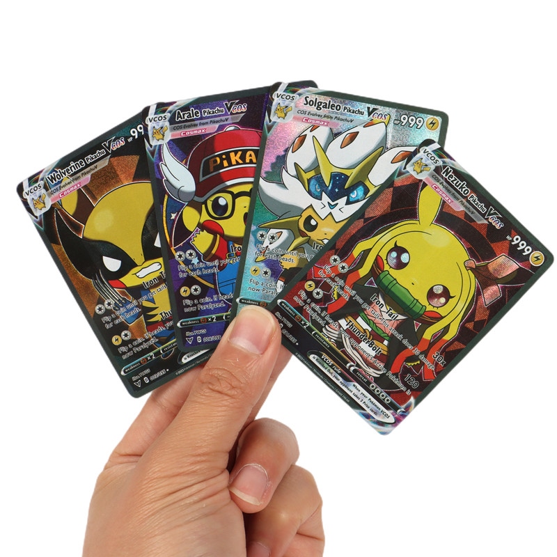 Anime Holographic Pokemon Cards Pikachu Cosplay DIY Luffy Tanjirou One  Piece Goku Eva Frieza Characters English Shiny Card