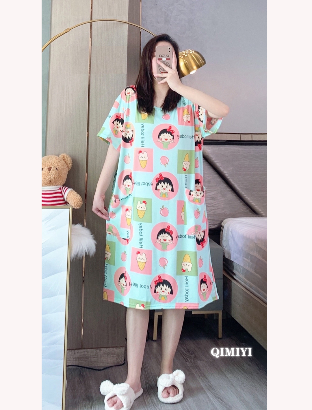2021 ใหม่สไตล์เกาหลีชุดนอนผู้หญิงฤดูร้อนหลวมขนาดใหญ่แขนสั้นชุดนอนกระเป๋ากลางยาว / ใส่อยู่บ้านLoose plus size home wear pajamas/night skirts