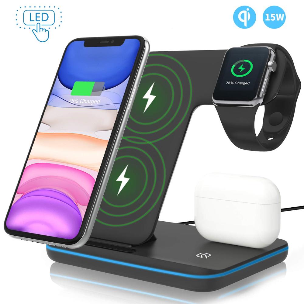 15W Fast Qi Wireless Charger ที่ชาร์จไร้สาย สำหรับ iPhone 12 11 XS XR X 8 3 In 1 แท่นชาร์จสถานีสำหรับ Apple นาฬิกา6 5 4 3 2 Airpods Pro Wireless Charger Stand