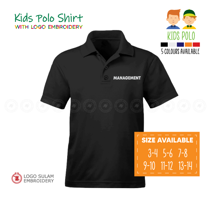 Kids Polo T Shirt Sulam Baju Management Uniform Event Office Function Cotton Kanak Kolar Budak Lelaki Embroidery Jahit
