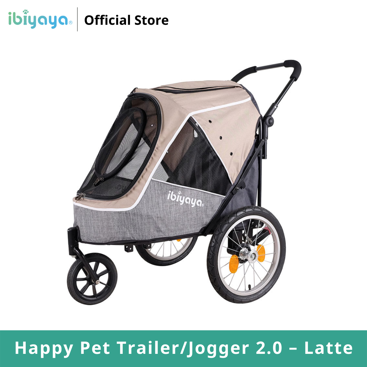 Ibiyaya Happy Pet Trailer/Jogger 2.0 – Latte รถเข็นสุนัข แบบ3ล้อ รับน้ำหนักได้ 30 Kg. สีลาเต้ ราคา 15,500 บาท*ส่งฟรี