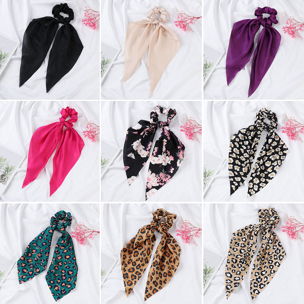 DAOQIWANGLUO Long Women Scrunchies Hairband Leopard Flower Ponytail Scarf Hair Rope Ties Bow