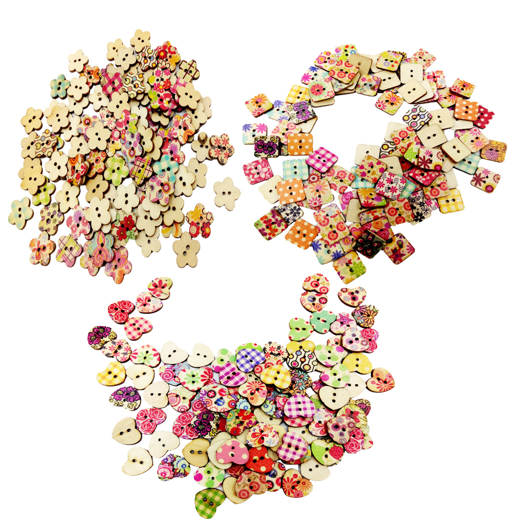 300pcs Mixed Round Wooden Colorful Buttons Crafting Buttons With 2