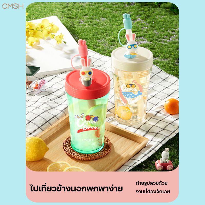 CMSH-0315 แก้วน้ำพลาสติกมีฝาปิด พร้อมหลอดการ์ตูนน่ารัก ความจุ 560ml แก้วน้ำกระต่าย แถมสติ๊กเกอร์ รุ่น ราคา 259 บาท*ส่งฟรี