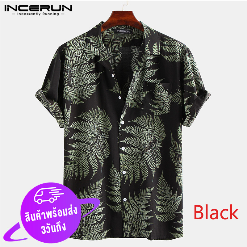 (Western Style) INCERUN ผู้ชายแขนสั้นผ้าฝ้ายเสื้อลายพิมพ์เสื้อลำลองHawaiian Beachเสื้อยืดสตรี