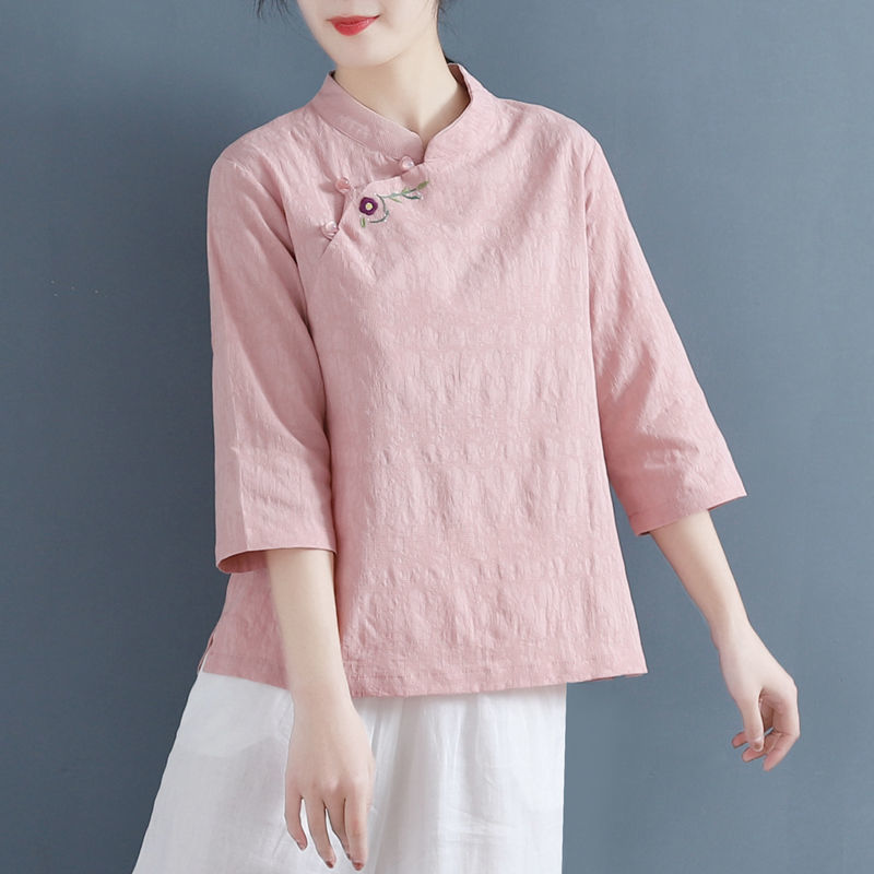 Áo Sơ Mi Văn Học Cổ điển Phong Cách Trung Quốc Vải Lanh Nữ Lỏng Lẻo Cộng Với Kích Thước Hàng đầu Áo Dài Tay áo Dài Tay Có Nút áo Kiểu Zen