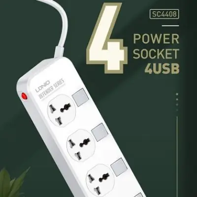 LDNIO SC4408 ปลั๊กพ่วง 4 ช่อง 4 สวิทช์ 4 USB รองรับถึง 4 universal outlet Power Strip 2500W สายยาว 2เมตร รับประกัน 1 ปี (1)