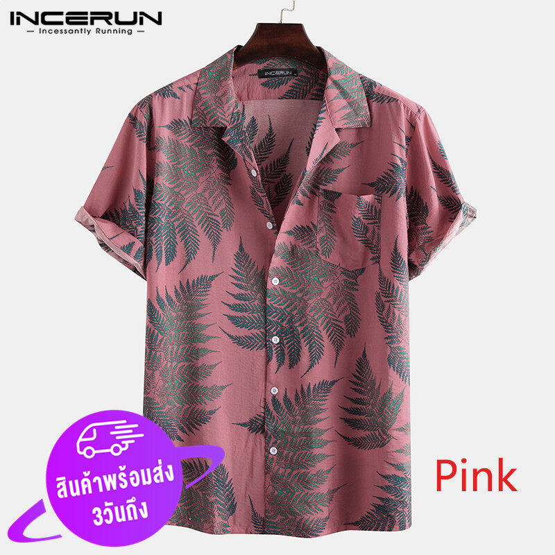 (Western Style) INCERUN ผู้ชายแขนสั้นผ้าฝ้ายเสื้อลายพิมพ์เสื้อลำลองHawaiian Beachเสื้อยืดสตรี