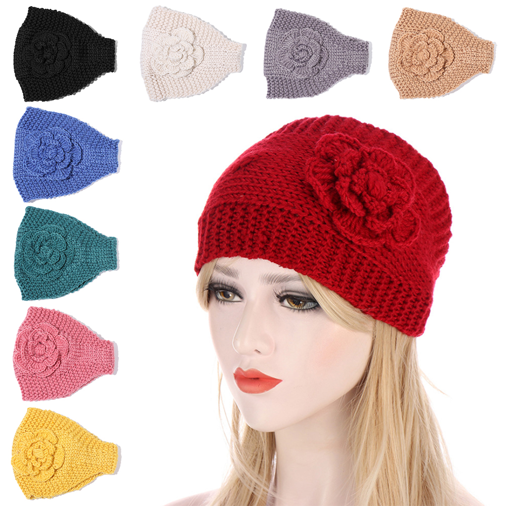 N33GVC3Q Fashion Flower Wide Knitted Ear Warmer Stretch Turban Winter Headbands Headwear