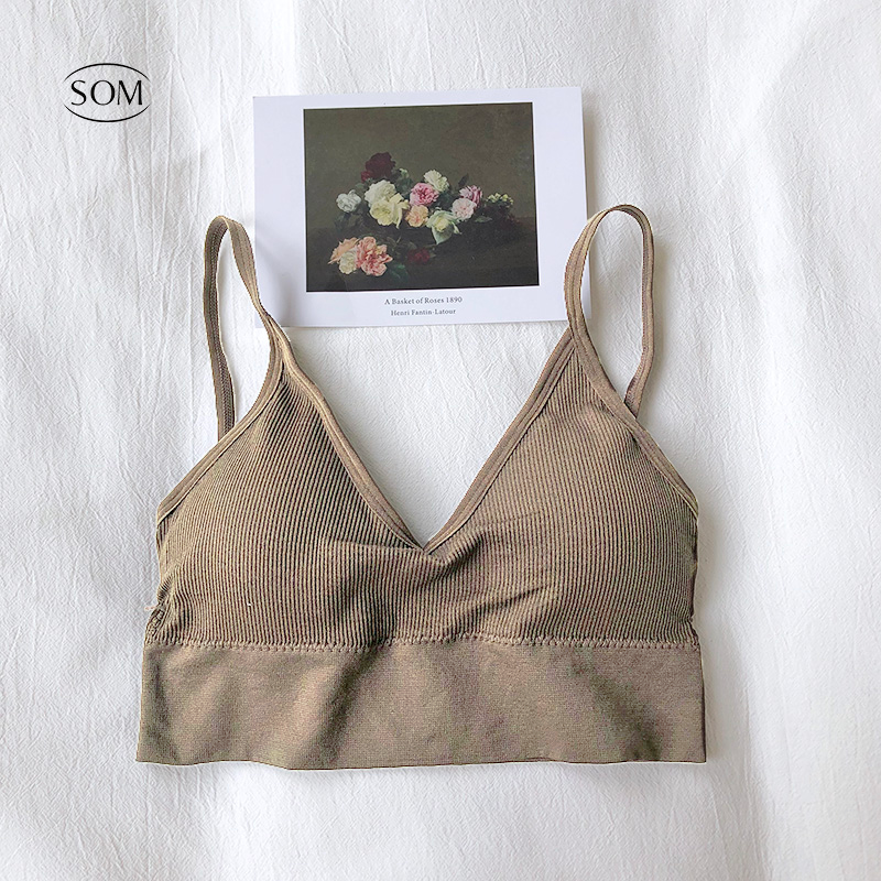 Babybra สายเดี่ยวผ้าร่อง หน้าV หลังU มีฟองน้ำถอดเปลี่ยนได้ บราเว้าหลังการออกแบบชุดชั้นในฝรั่งเศส ชุดชั้นในเซ็กซี่ สปอร์ตบรา CBB02