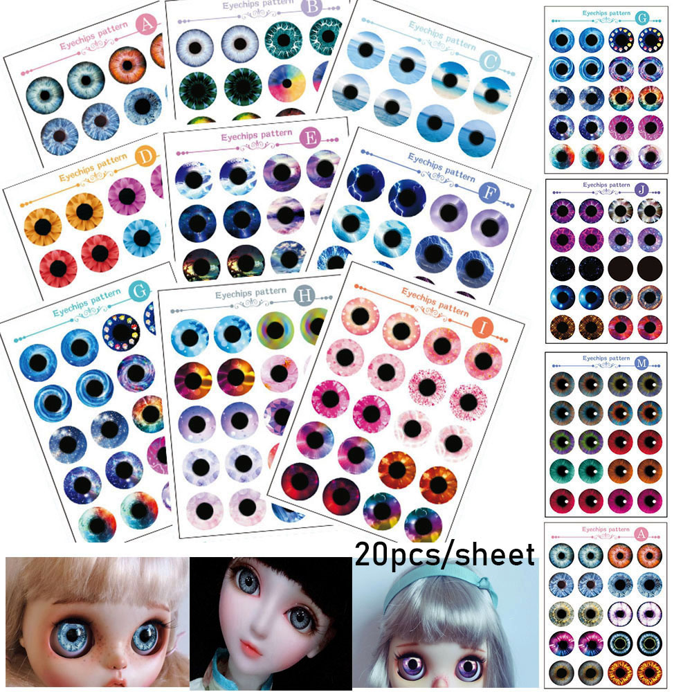 LONGZHU1 20pcs/sheet 14mm Thin Glass Eyeball Accessories Funny Paper Transparent Dolls Eyechips Pattern Doll Eyes Eye Chips