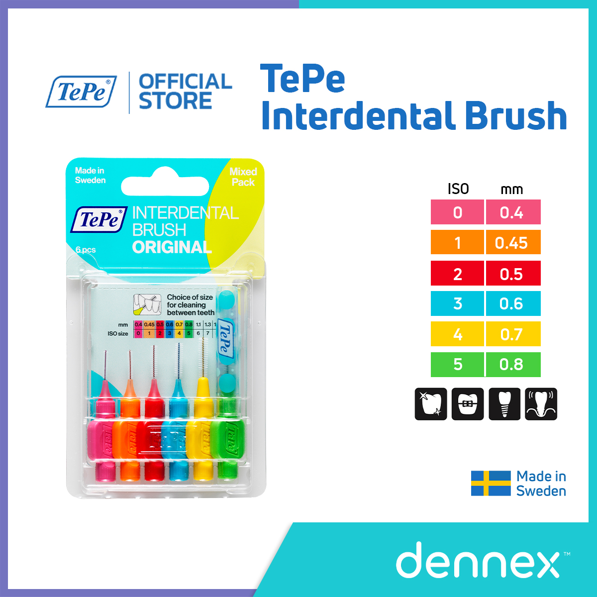 TePe Interdental Brush แปรงซอกฟัน ขนนุ่ม แปรงซอกฟันเทเป้ อินเทอร์เด็นทัล บลัช รุ่นออริจินัล แพ็ค 6 ชิ้น By Dennex