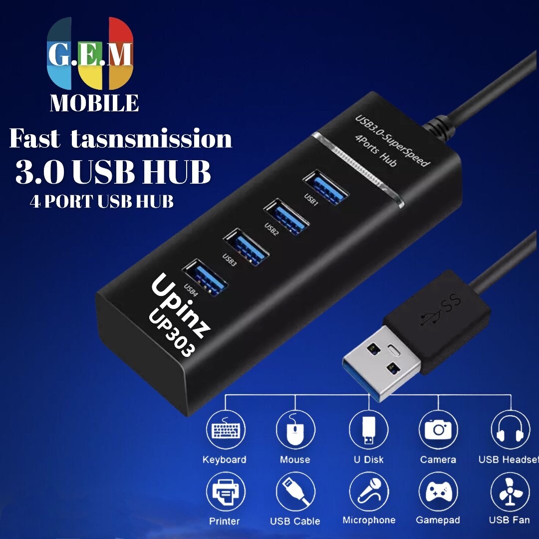 Upinz รุ่น UP303 USB HUB 3.0 High Speed 4 Port ชาร์จและโอนถ่ายข้อมูลได้รวดเร็วทันใจ ของแท้ รับประกัน1ปี BY GEMMOBILE