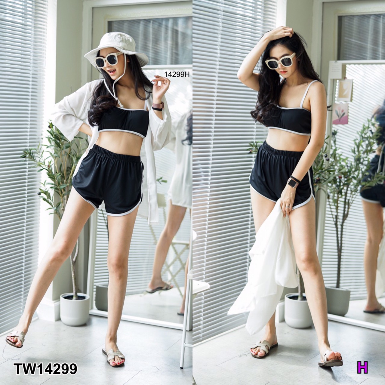 TW14299 Set 3 ชิ้น ชุดว่ายน้ำ + กับกางเกง + เสื้อคลุมซีทรู