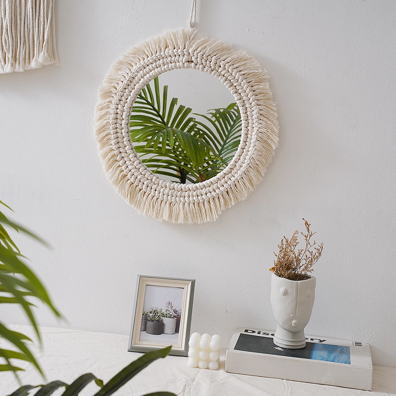 Macrame Hanging Wall Mirror with Boho Fringe Round Decorative Mirror for