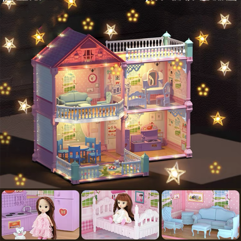 บ้างของเล่นตุ๊กตา มีไฟLEDสาวบ้านต๊กตา มีเฟอร์นิเจอร์ ของเล่นบ้านบาร์บี้ ชุดสำหรับBarbie ของเล่นบ้านชุดปราสาทเจ้าหญิง บ้านตุ๊กตาDIY