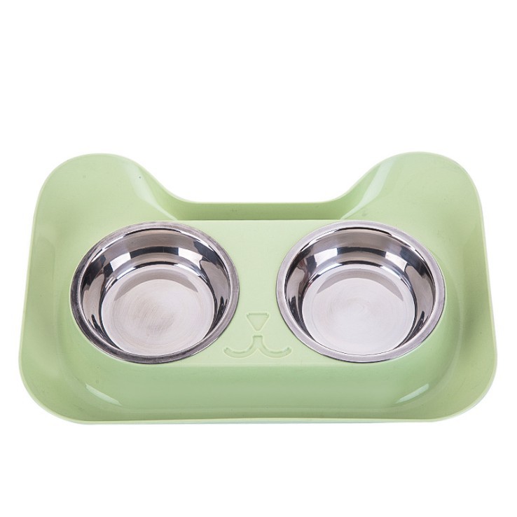 Pet bowl ชามอาหารสัตว์ 2 ช่อง ชามสแตนเลสสำหรับแมว สุนัข #C16