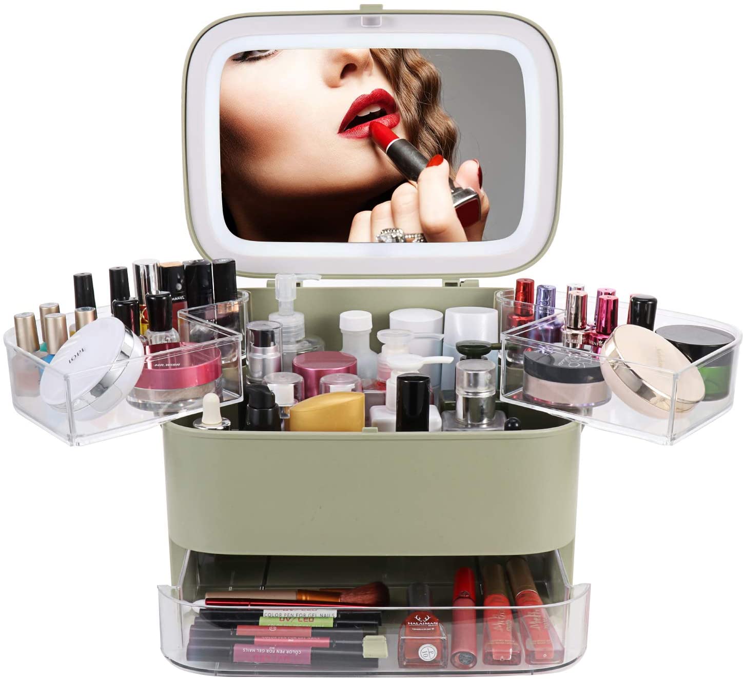 Multifunctional Makeup Organizer With LED Makeup Mirror, Portable Clear Makeup Storage Box Desktop Sundry Storage Case,Waterproof&Dustproof Cosmetic Jewelry Display Cases
