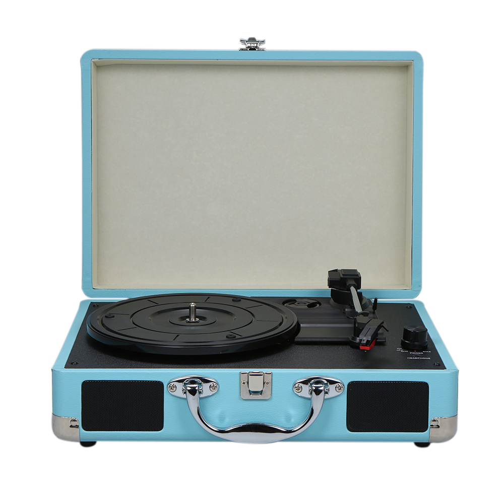 Docooler turntable พร้อมลำโพงแผ่นเสียงโบราณเครื่องเล่นแผ่นเสียงสเตอริโอเสียงสีน้ำเงิน EU-Type