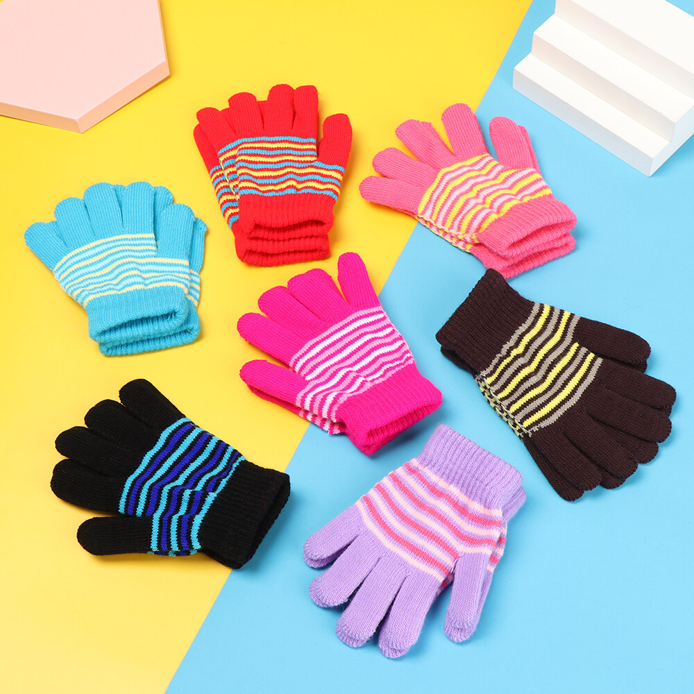 RULERING Sports Keep Warm Thicken Girls Boys Cartoon Kids Gloves Printed Stripe Baby Finger Gloves