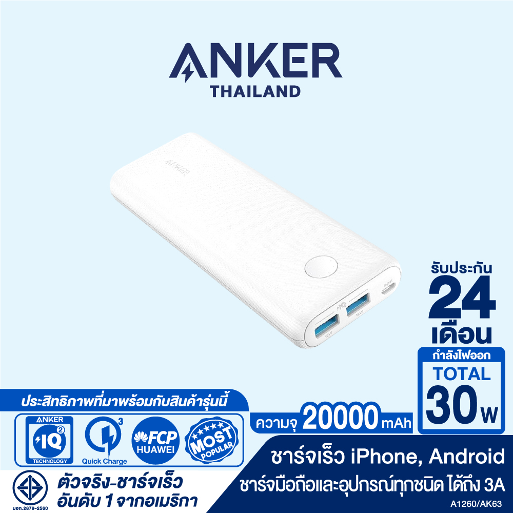 Anker PowerCore II 20000 Quick Charge Powerbank พาวเวอร์แบงค์คุณภาพสูง แบตสำรองมือถือชาร์จเร็ว Quick Charge แถม!สายชาร์จ Micro USB พร้อมซองผ้า