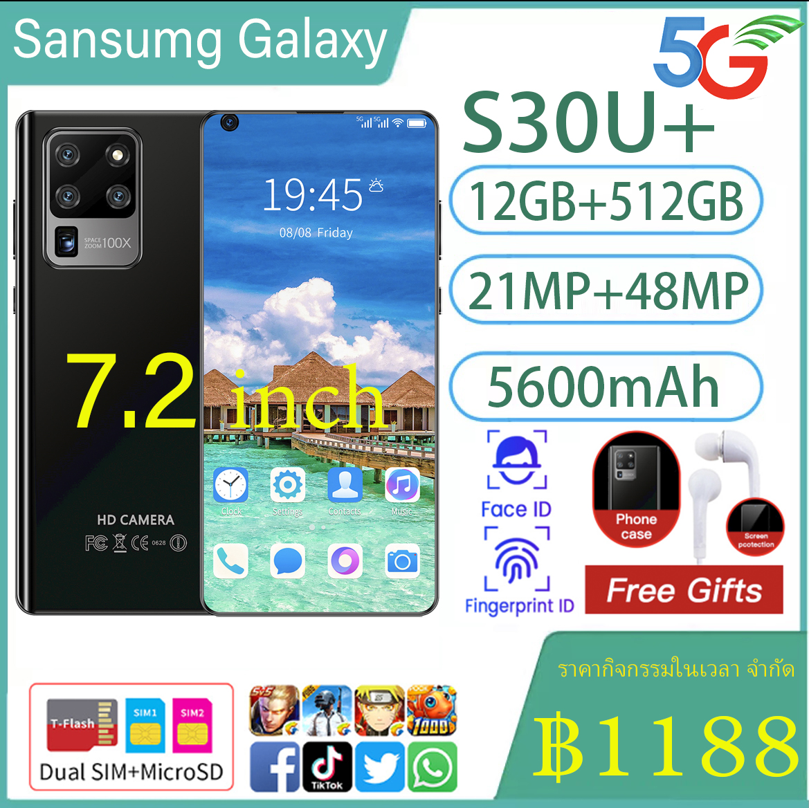 มือถือราคาถูก Sansumg Galaxy S30u + มือถือสมาร์ทโฟนจอใหญ่ 7.2 นิ้ว RAM12G Rom512GB หน่วยความจำใหญ่รองรับ 5G จริง Android 10 สแกนลายนิ้วมือปลดล็อคใบหน้าสเปคจริง / ราคาถูกมือถือของแท้ส่งฟรีทั่วไทย