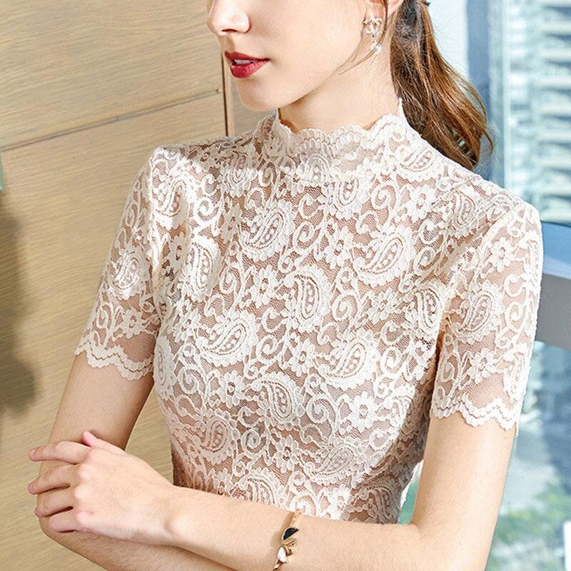 Lace Short Sleeve Top Women Summer Foreign Style Small Stand Collar Hollow