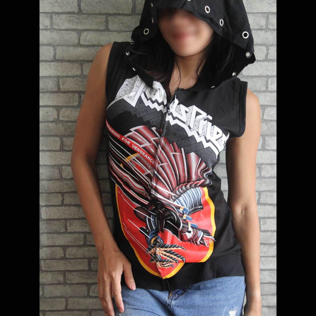 เสื้อฮู้ดแขนกุด เสื้อวงร็อค แจ็คเก็ต แนวสปอร์ต Handmade Rock Vest Hoodie Clearance (สินค้าจริงหมวกอาจไม่มีเจาะตาไก่เหมือนในรูป)